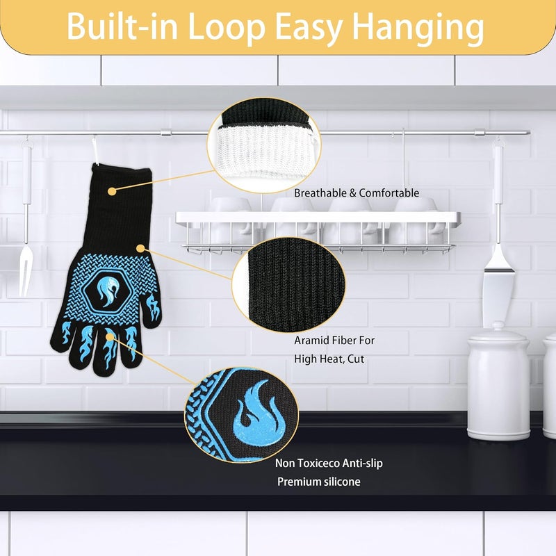 DKHDBD BBQ Fireproof Gloves, Grill Cut-Resistant Gloves 1472°F Heat Resistant Gloves, Non-Slip Silicone Oven Gloves, Kitchen Safe Cooking Gloves for Oven Mitts,Barbecue,Cooking, Frying,13.5 Inch-Sky Blue - Image 3